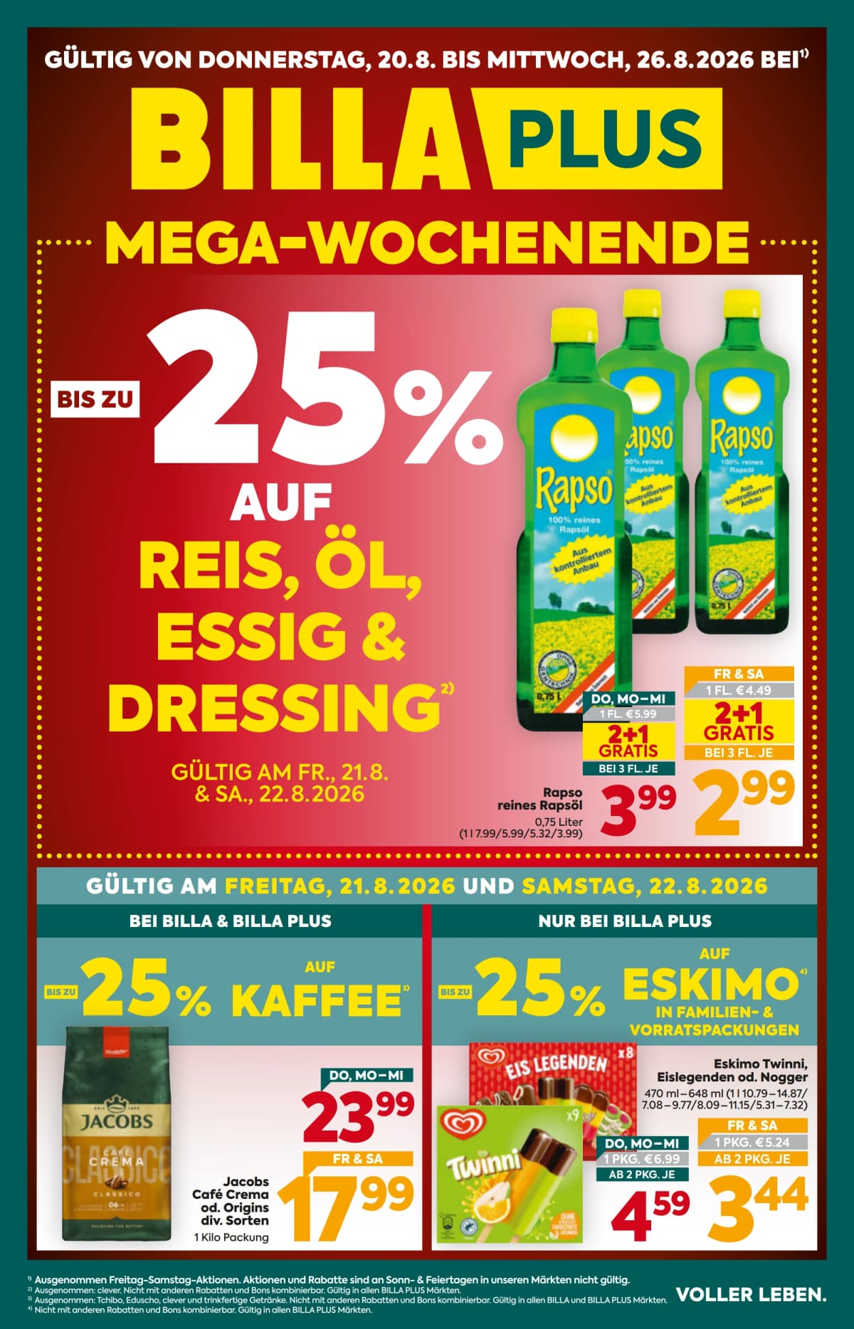 Seite 1 des Billa Plus Flugblatts – Aktuelle Angebote ab 23.08.2026.