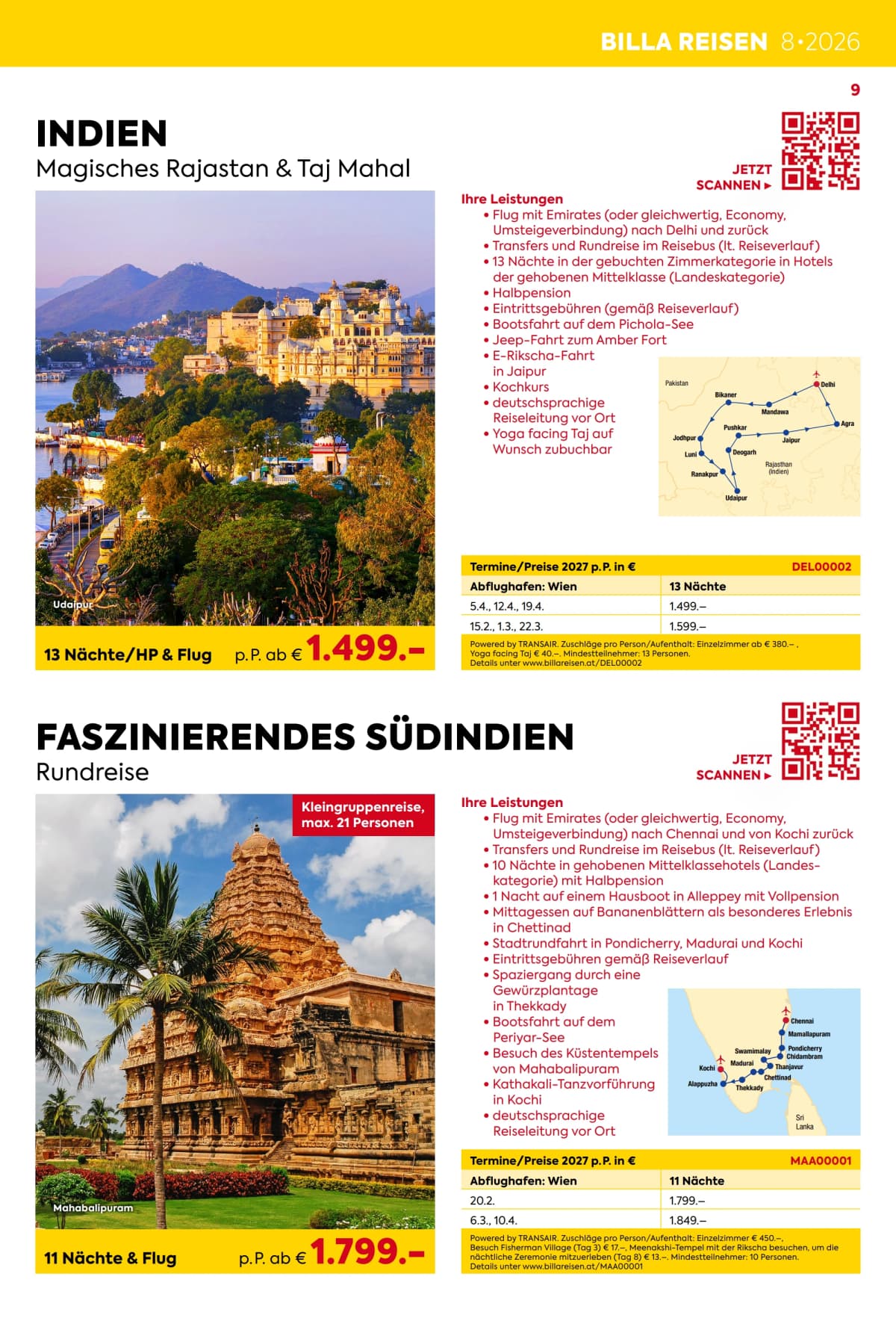 Seite 9 des Billa Reisen Flugblatts – Rundreisen-Highlights 2026-27