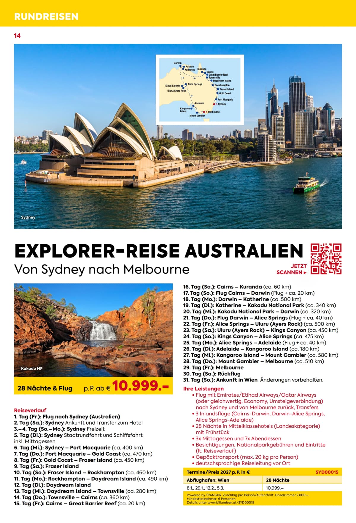 Seite 14 des Billa Reisen Flugblatts – Rundreisen-Highlights 2026-27