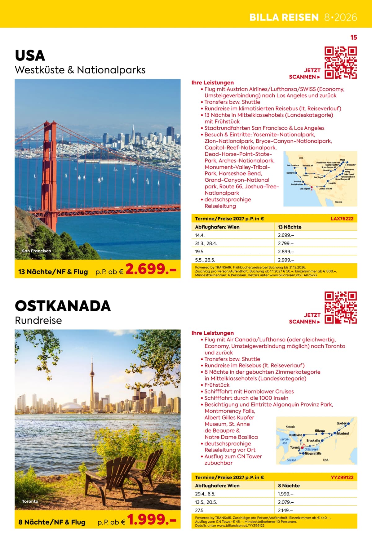 Seite 15 des Billa Reisen Flugblatts – Rundreisen-Highlights 2026-27