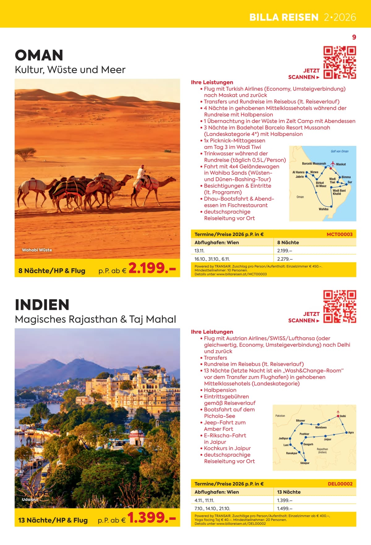 Seite 9 des Billa Reisen Flugblatts – Rundreisen Highlights 2026