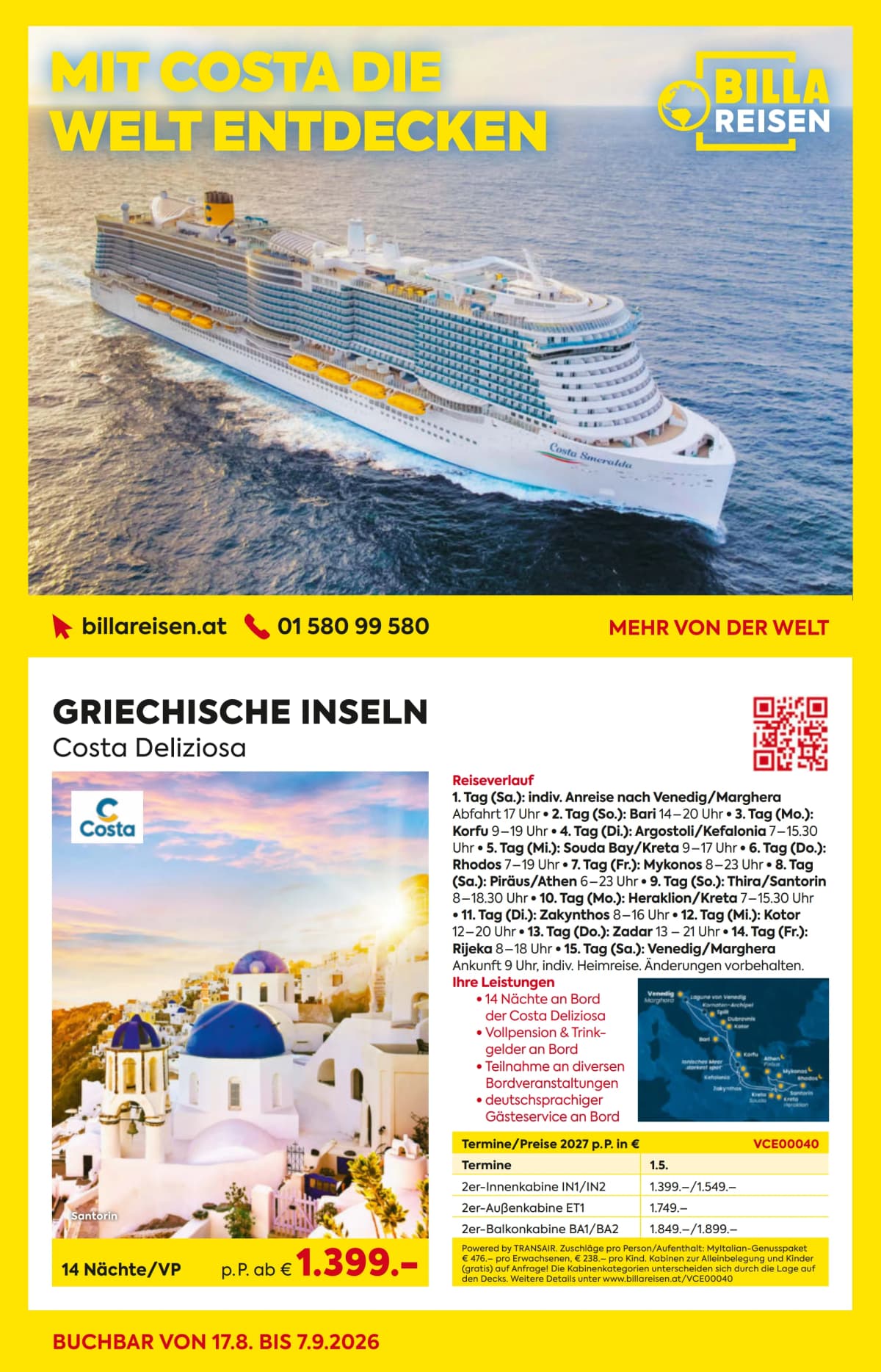 Seite 1 des Billa Reisen Flugblatts – Reisen