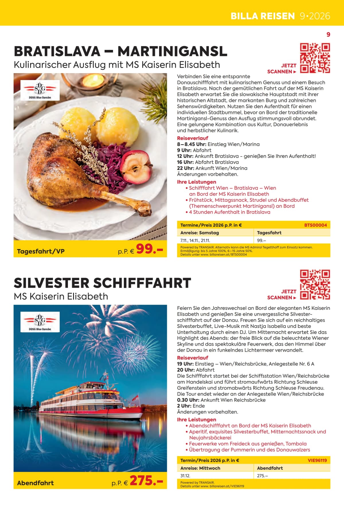 Seite 9 des Billa Reisen Flugblatts – Erlebnisreise Highlights 2026/27 