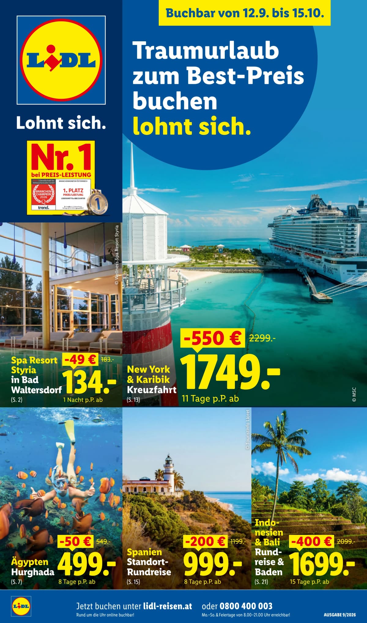 Titelblatt des Lidl Reisen Prospekts September-Oktober Reise-Highlights
