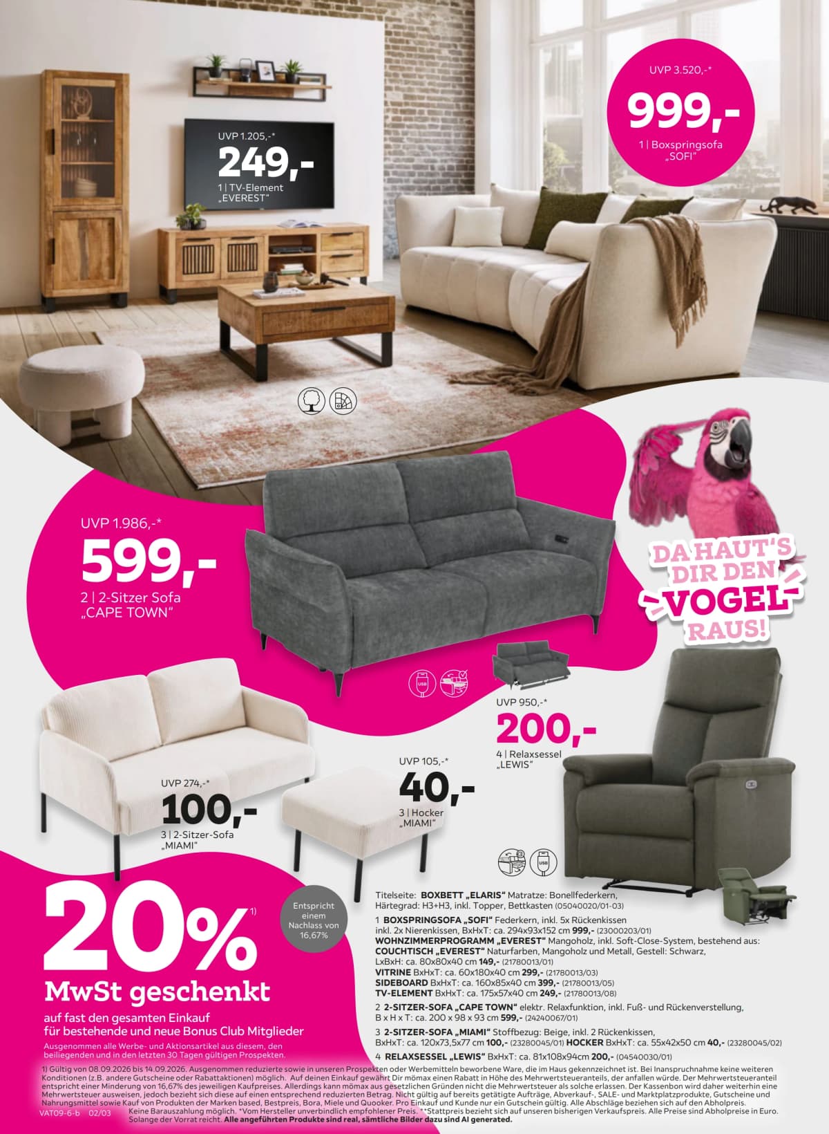 Seite 2 des Mömax Flugblatts – 20% MwSt. geschenkt ab 08.09.2026.
