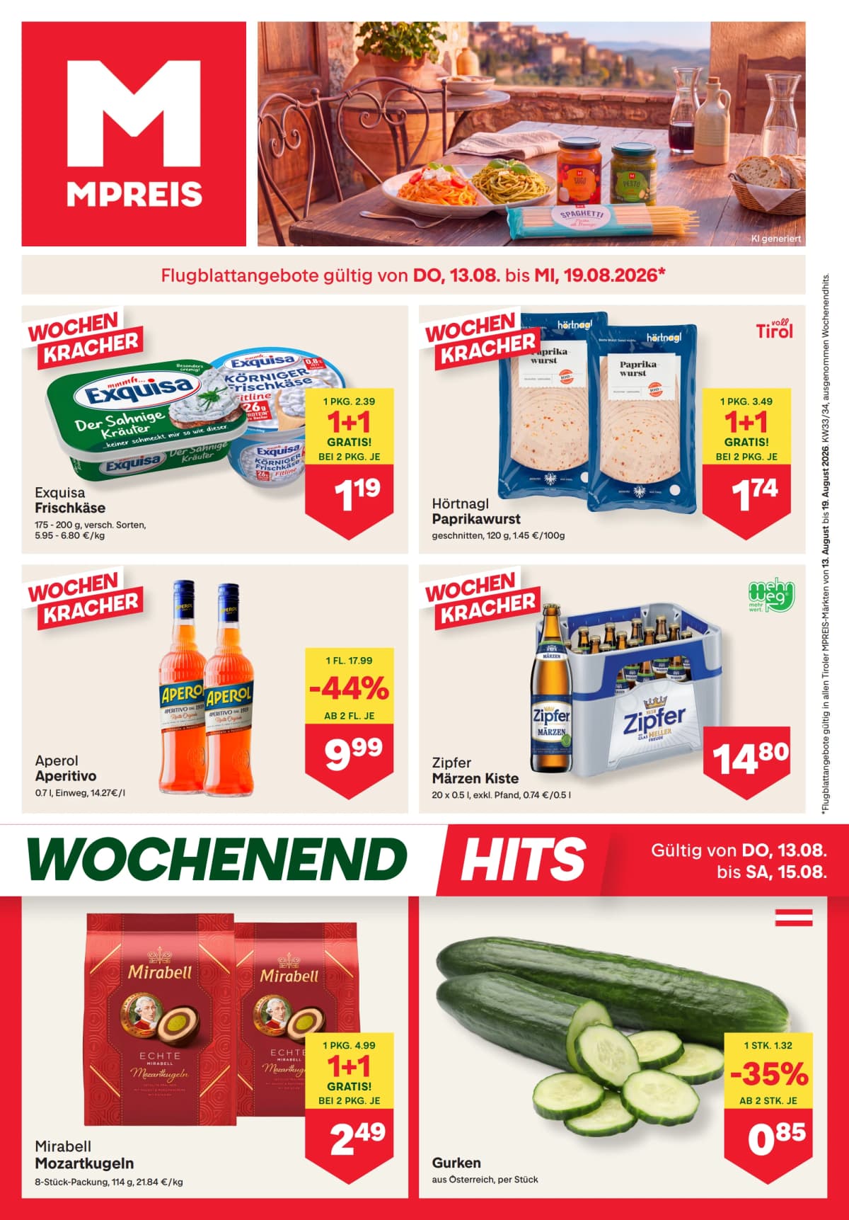 Seite 1 des MPREIS Flugblatts – Aktuelle Angebote ab 23.08.2026.