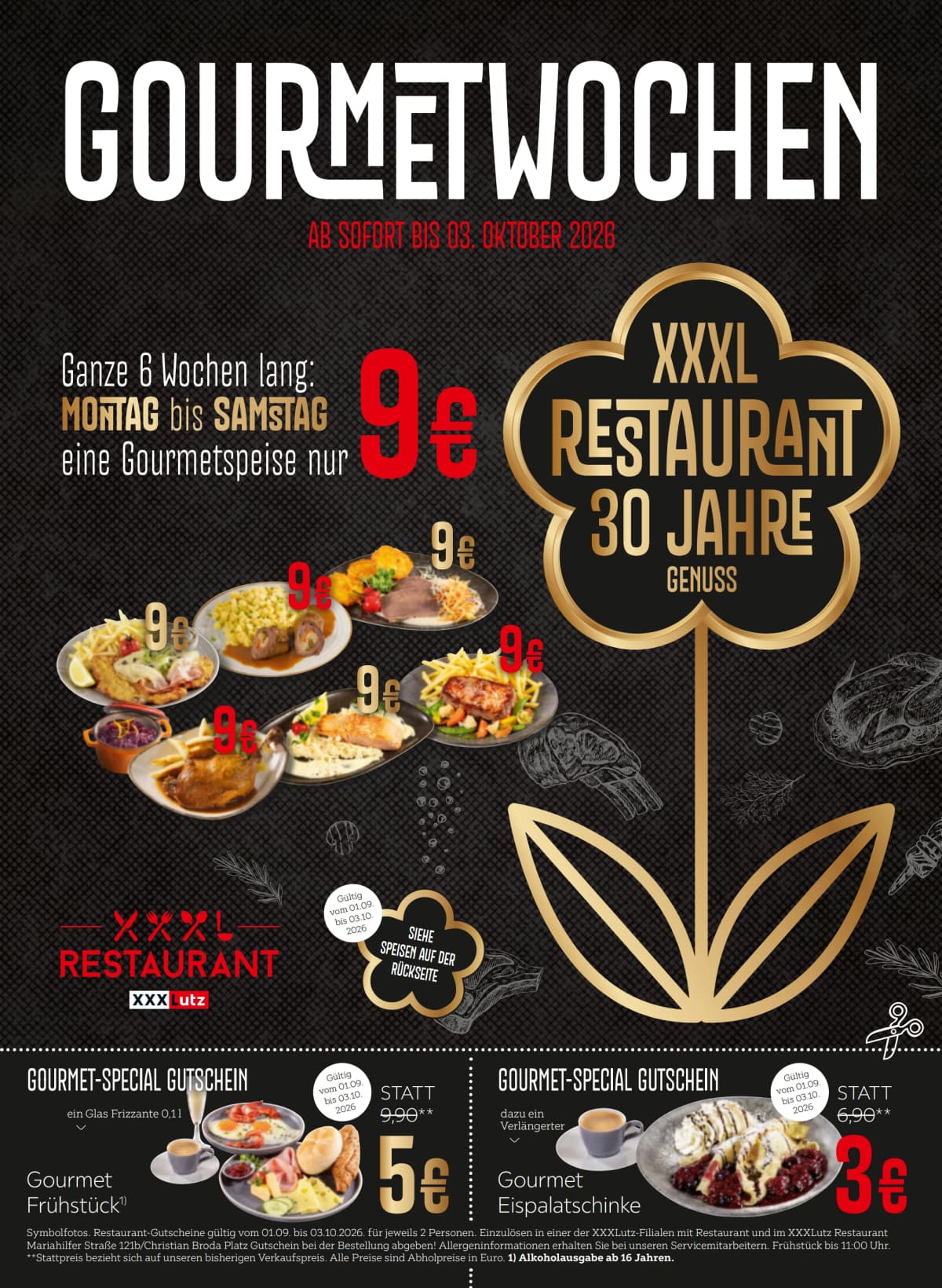 Seite 1 des XXXLutz Flugblatts – Gourmet Wochen ab 09.09.2026.