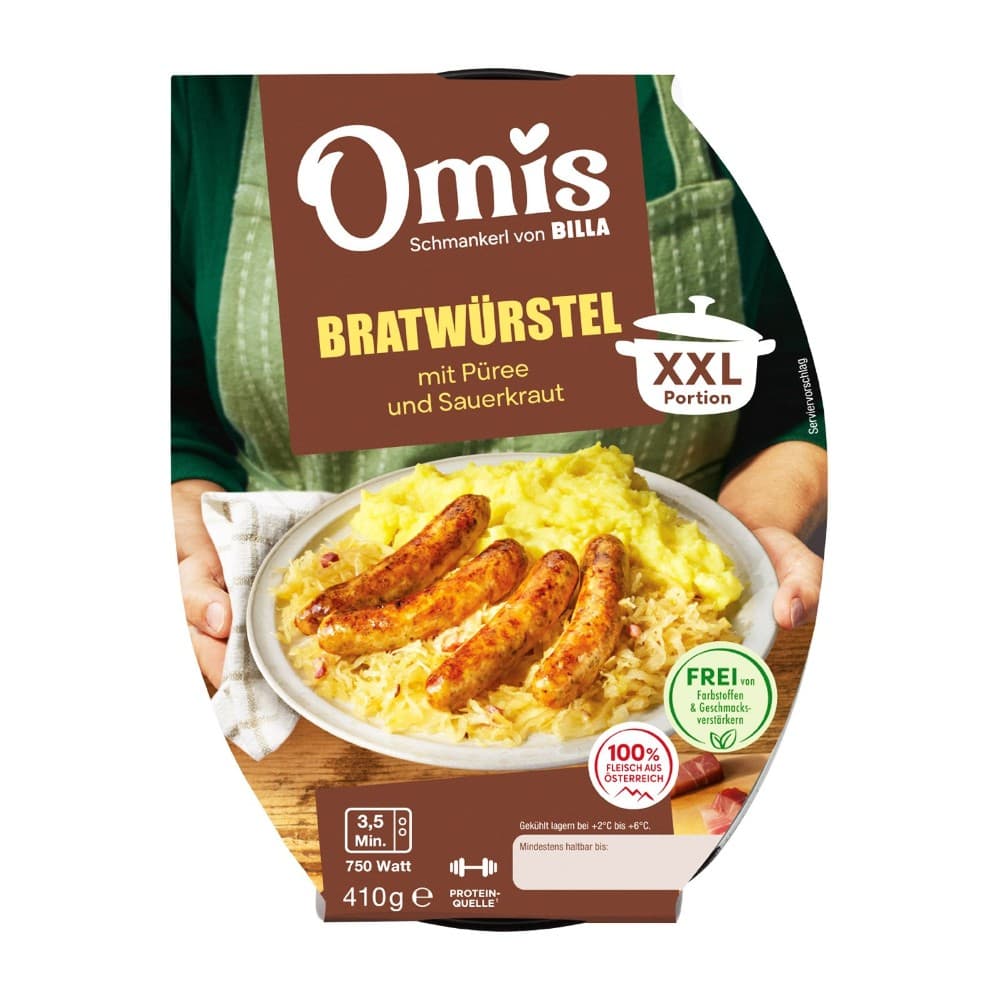 Omis XXL Bratwürstel mit Püree und Sauerkraut, 410 g – Billa