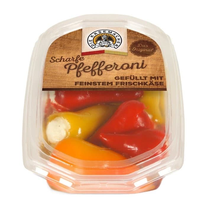 Die Käsemacher Oliven, Scharfe Pfefferoni, Frischkäsebällchen, 140-180-g-Packung – Spar