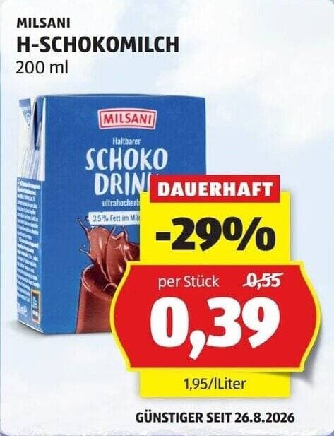 Milsani H-Schokomilch, 200 ml – Hofer