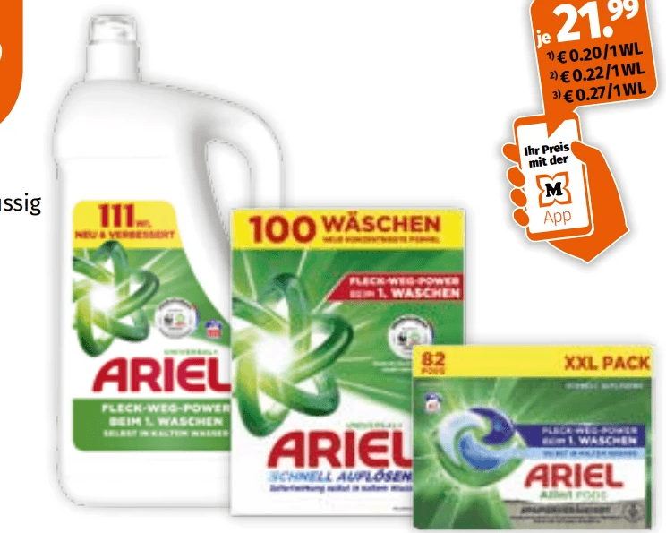 Ariel Waschmittel, 111 WL, 100 WL oder 82 WL – Müller
