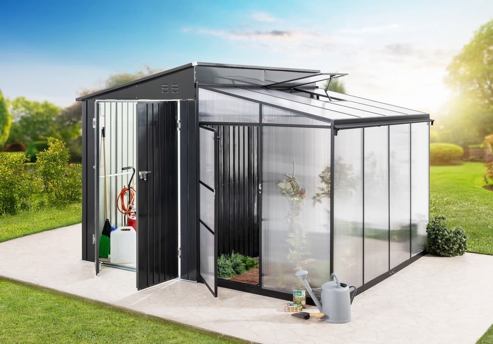 2 in 1 Metallschuppen mit Gewächshaus ca. 303 x 272 x 213 cm Garten & Freizeit Angebot bei Norma