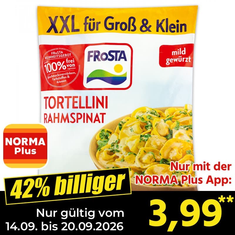 Pfannengericht Tortellini Rahmspinat, Nudel Hähnchen Pfanne, Hähnchen Gulaschpfanne mit Nudeln oder Golden Curry mit Hähnchen und Reis 800 g Frosta Angebot bei Norma