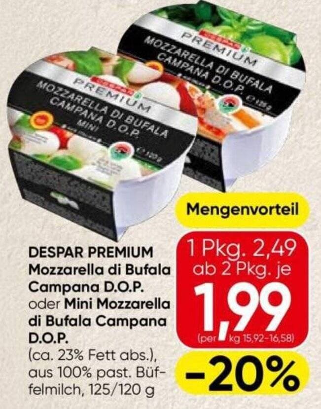 Despar Premium Mozzarella di Bufala Campana D.O.P. oder Mini Mozzarella di Bufala Campana D.O.P., 125/120 g – Spar