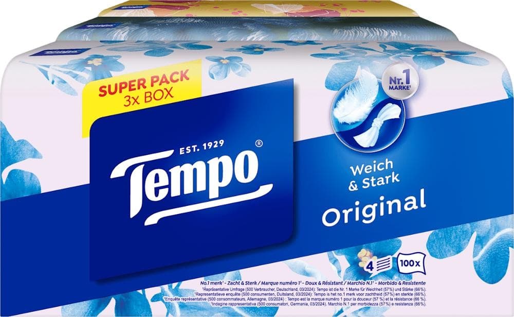 Tempo Taschentücher, 36, 42 Packungen od. Trio Box 3 x 100 Stück – Bipa