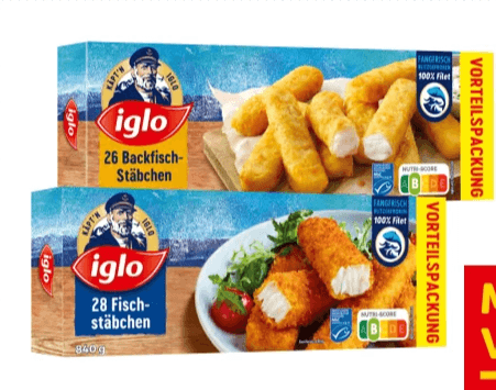 Iglo 28 Fischstäbchen, 26 Backfischstäbchen, 6 Goldschatz Käse oder 4 Filegro Müllerin Art, 500-g-840-g-Packung – Interspar