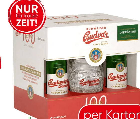 Budweiser Budvar Jubiläumsedition 100 Jahre Schweizerhaus mit Glas, 6x0,5 Liter – Eurospar