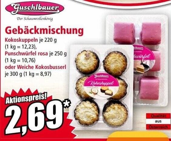 Gebäckmischung Kokoskuppeln, Punschwürfel rosa oder Weiche Kokosbusserl, 220 g / 250 g / 300 g Guschlbauer – Norma