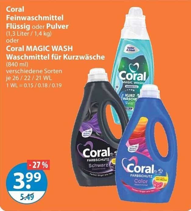 Coral Feinwaschmittel Flüssig oder Pulver Color, 21 Wäschen / 22 Wäschen – Maximarkt