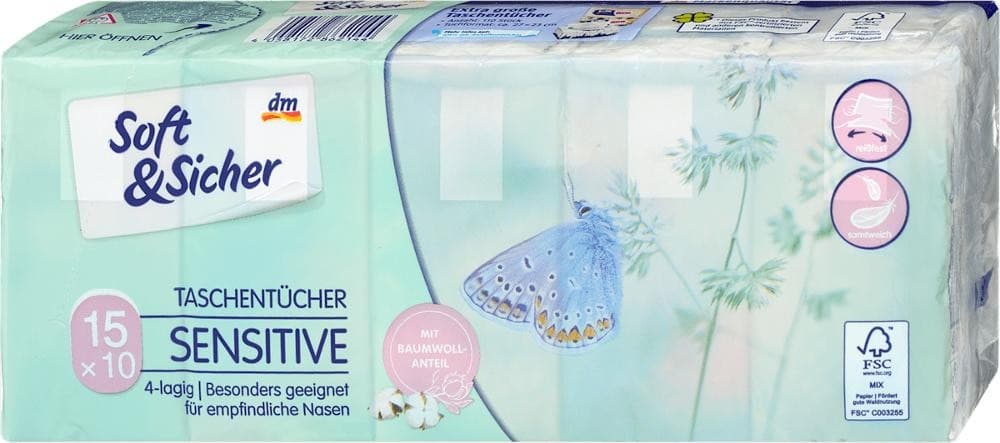 Soft & Sicher Sensitive Taschentücher, 15x10 Bl. – Dm