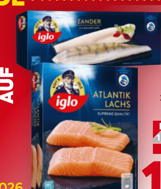 Iglo Atlantik Lachs, Forelle, Wolfsbarsch, Goldbrasse, Black Tiger Garnelen, ASC, Dorsch paniert od. in Knusperbrösel, MSC od. Zander, 200 g-480 g – Billa