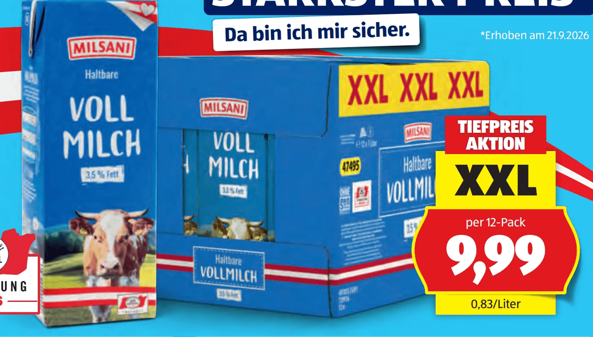 Haltbare Vollmilch, 12 x 1 l Milsani – Hofer