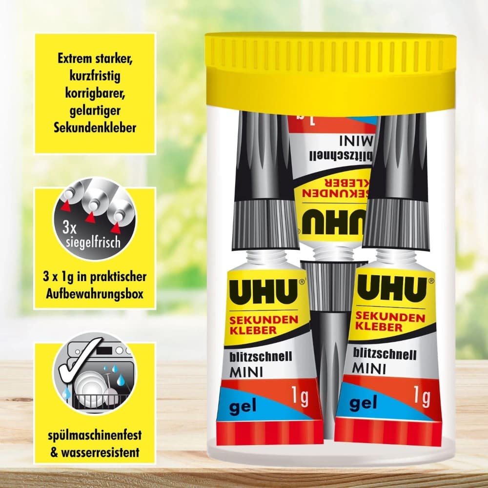 UHU Sekunden-Kleber, 3 × 1 g – Müller
