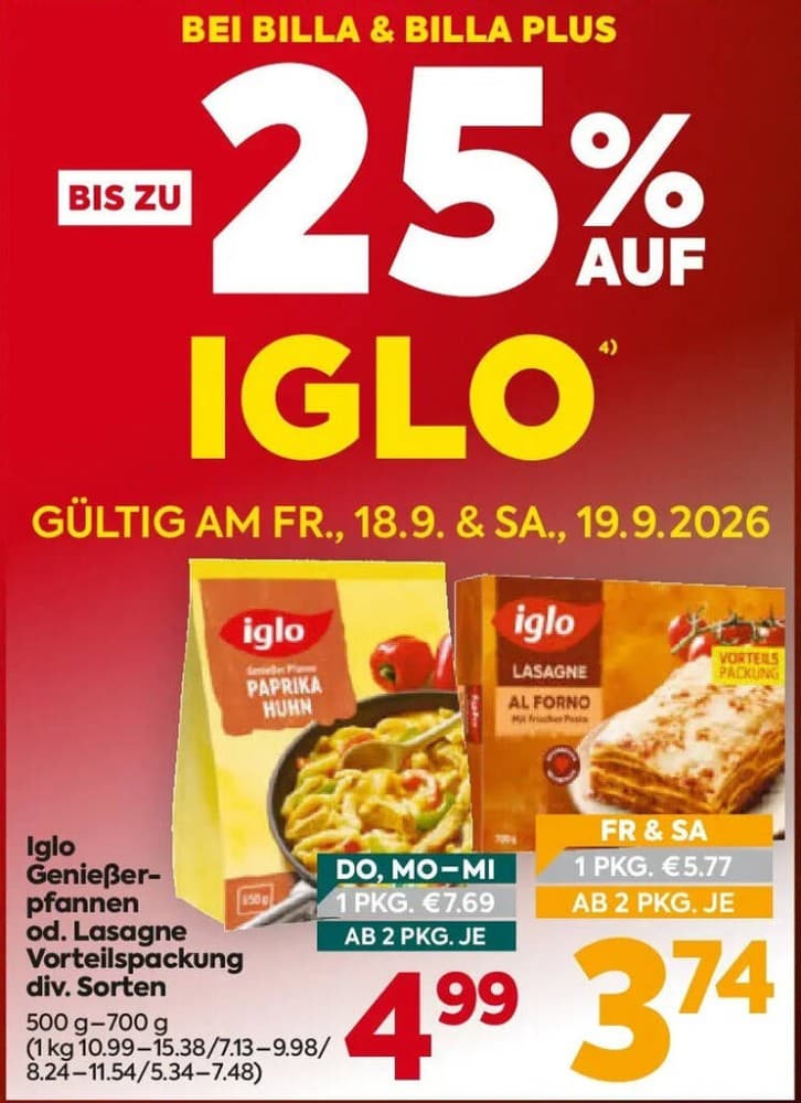 Iglo Genießerpfanne od. Lasagne Vorteilspackung, 500 g-700 g – Billa Plus