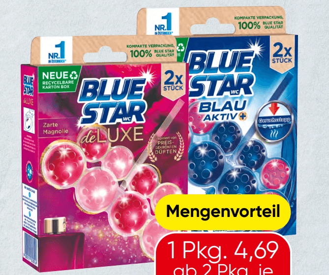 Blue Star WC-Steine oder Blue Star Spülkastenwürfel, Doppelpackung oder 4 x 50 g – Spar