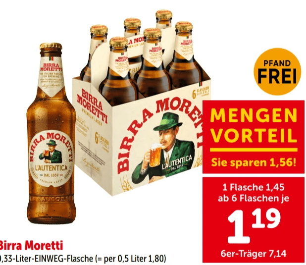 Birra Moretti, 0,33-Liter-EINWEG-Flasche – Interspar