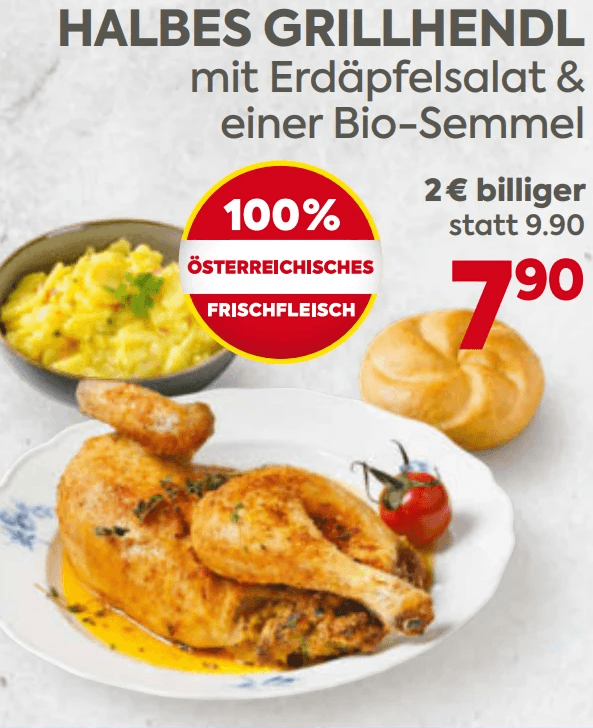 Halbes Grillhendl mit Erdäpfelsalat & einer Bio-Semmel – Billa Plus