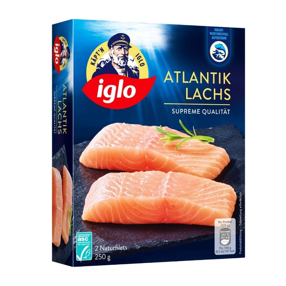 Iglo Atlantik Lachs, Forelle, Wolfsbarsch, Goldbrasse, Black Tiger Garnelen, ASC, Dorsch paniert od. in Knusperbrösel, MSC od. Zander, 200 g-480 g – Billa