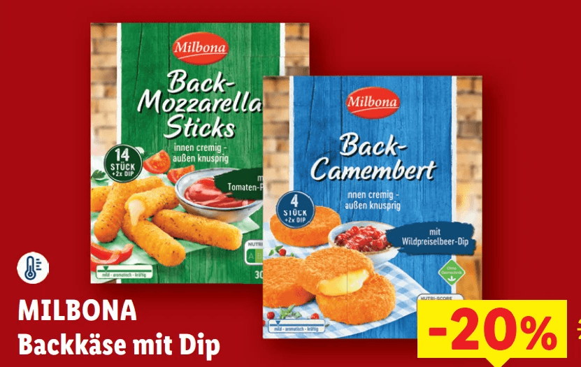 MILBONA Backkäse mit Dip, Mozzarella Sticks Je 300 g; Camembert 350 g – Lidl