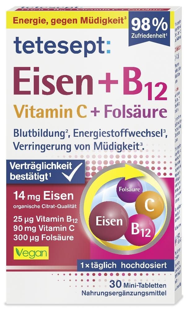 Eisen + B12 Vitamin C + Folsäure Tabletten, 30 Stk. TETESEPT – Dm
