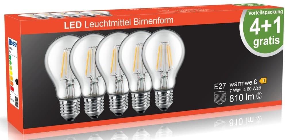 LED-Leuchtmittel 5er-Multipack Birne Filament E27, 5er-Multipack – Norma