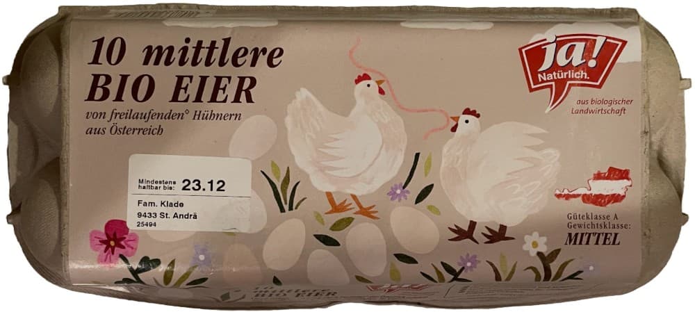 ja! Natürlich Bio Eier M, 10 Stück Packung – Adeg