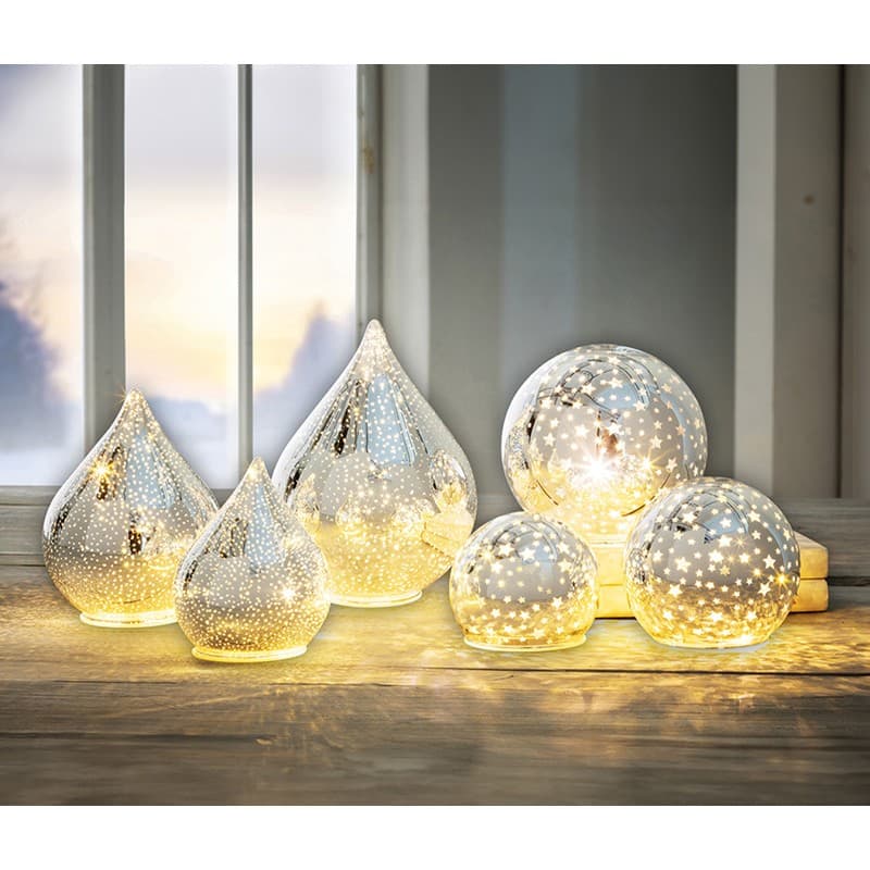 LED-Lichterzauber aus Glas, Tropfen 2er-Set + Kugel 2er-Set – Norma