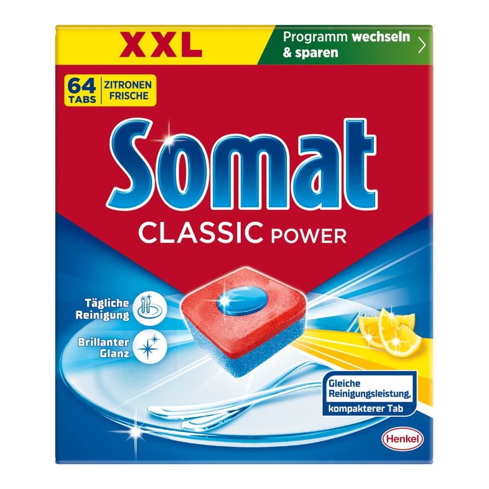 Tabs oder Caps XXL, Classic Pulver oder Gel, Tabs 36-64 Stück, Pulver 125 Wäschen oder Gel 58-67 Wäschen SOMAT – Maximarkt