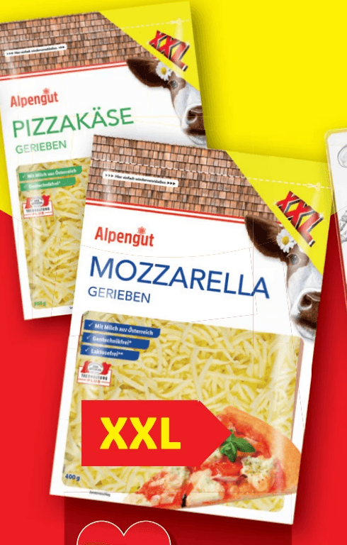 Alpengut Pizzakäse oder Mozzarella gerieben, 400 g – Lidl