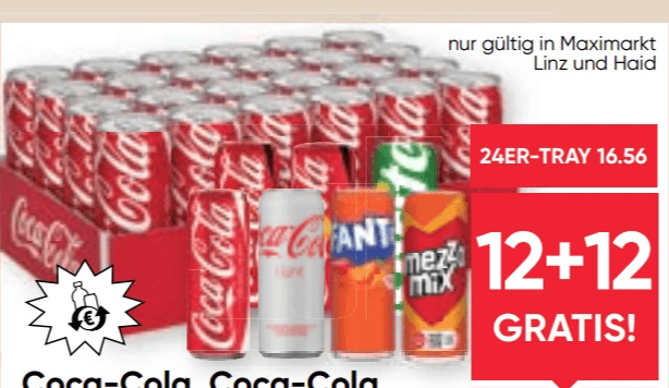 Coca-Cola, Coca-Cola light, Coca-Cola Zero, Coke Zero Zero, Coke Lemon zero, Coke Vanilla, Coke Zero Lime, Coke Cherry, Fanta, Sprite oder Mezzo Mix, 0,33 Liter – Maximarkt