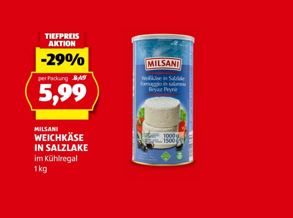 Weichkäse in Salzlake, 1 kg Milsani – Hofer