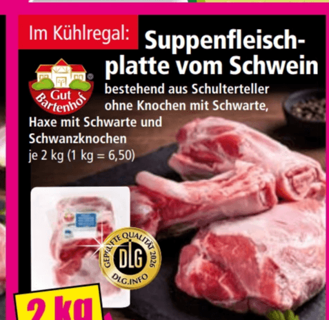 Suppenfleischplatte vom Schwein, 2 kg Gut Bartenhof – Norma
