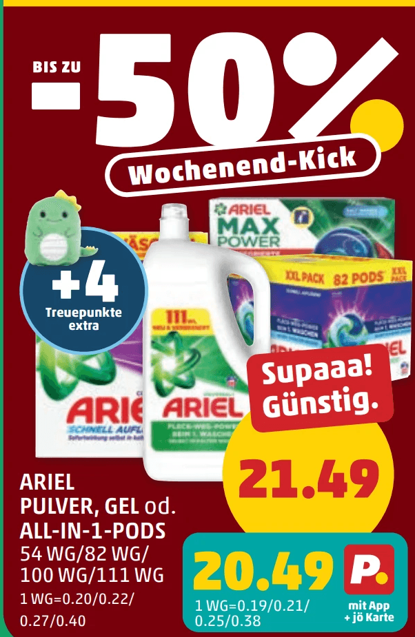 Ariel Pulver, Gel oder All-in-1-Pods, 54 WG/82 WG/100 WG/111 WG – Penny