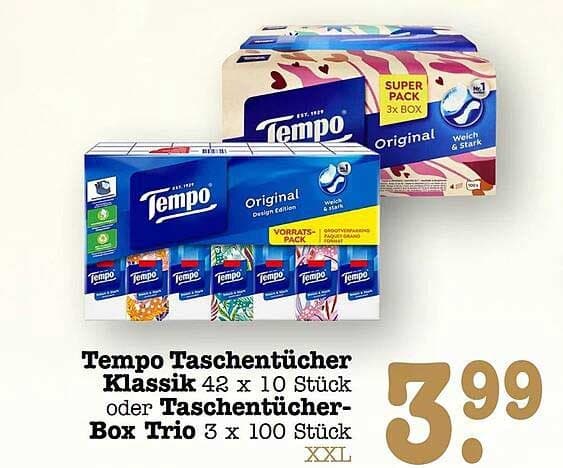 Tempo Taschentücher, 42x 10 Stück, 36x 9 Stück oder Triobox – Maximarkt