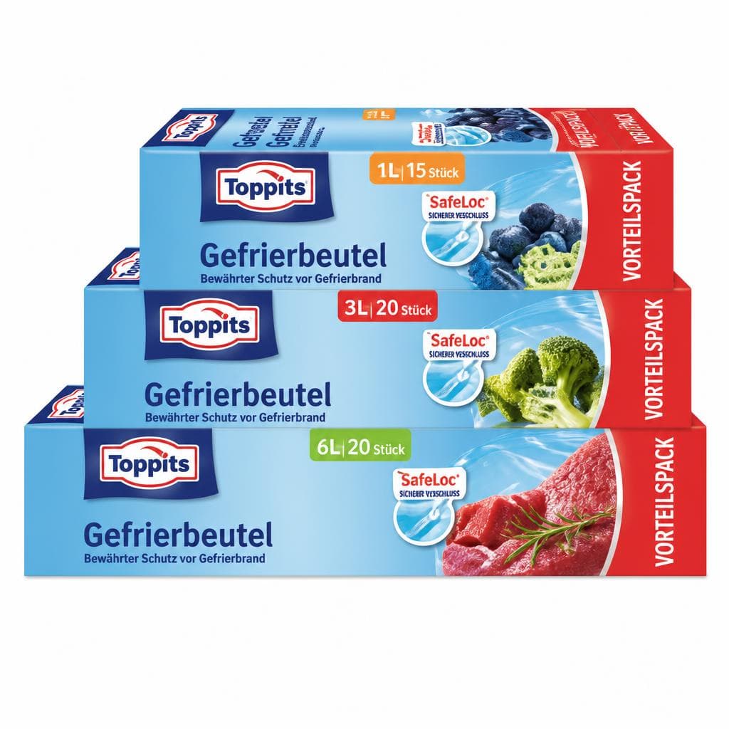 Gefrierbeutel 3er-Sortimentspackung, 1 Liter, 40 Stück, 3 Liter, 30 Stück und 6 Liter, 20 Stück TOPPITS – Maximarkt