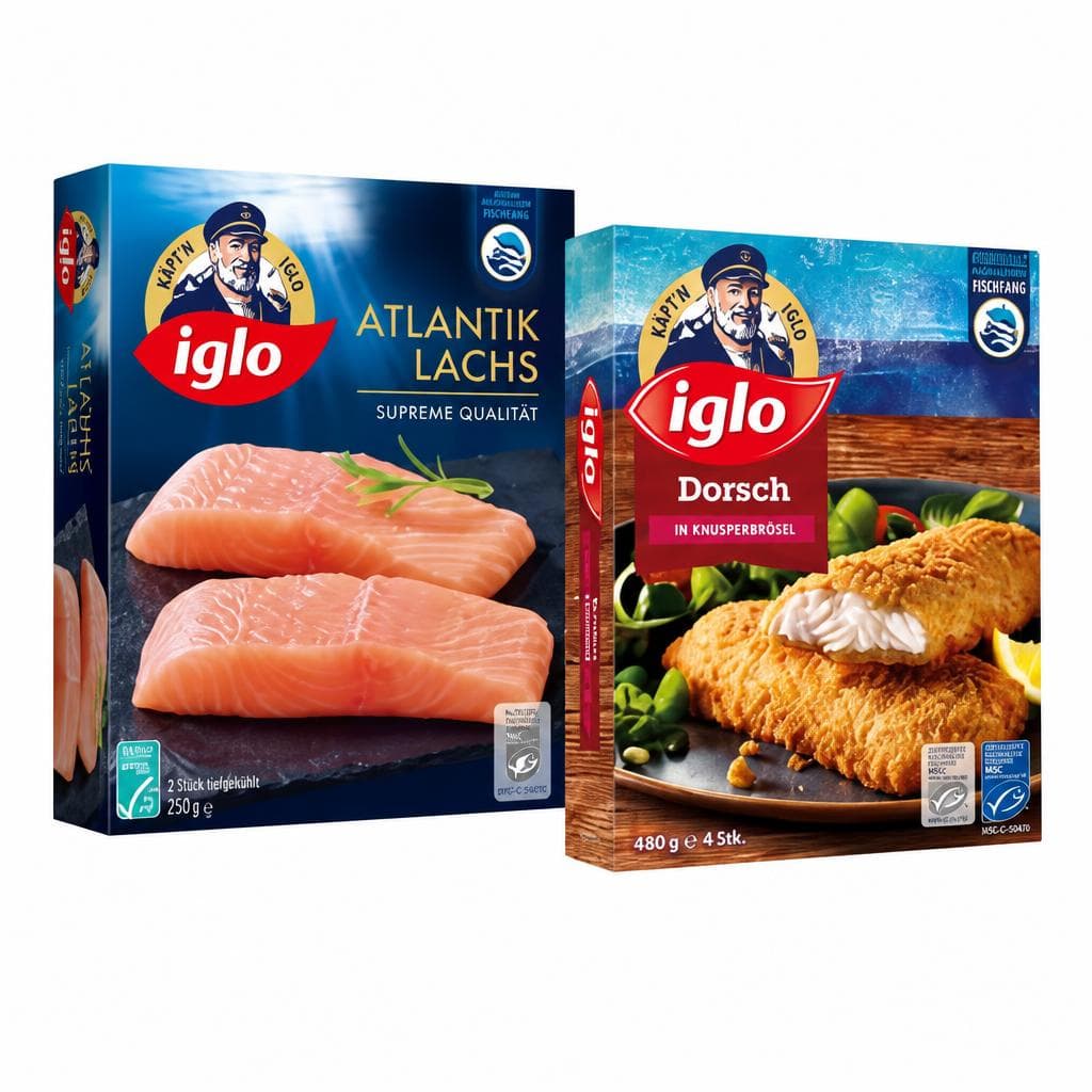 Iglo Dorsch paniert oder in Knusperbrösel, Zander Naturfilets, Premium Atlantik Lachs, Goldbrasse, Wolfsbarsch oder Black Tiger Garnelen, 200-480 g – Eurospar