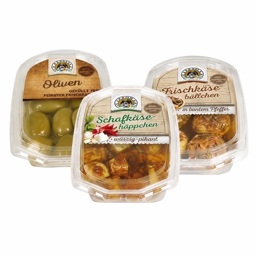 Pfefferoni scharf oder Oliven gefüllt mit Frischkäse, Frischkäsebällchen mit Pfeffer oder Schafkäsehäppchen, 140/180 g Die Käsemacher – Eurospar