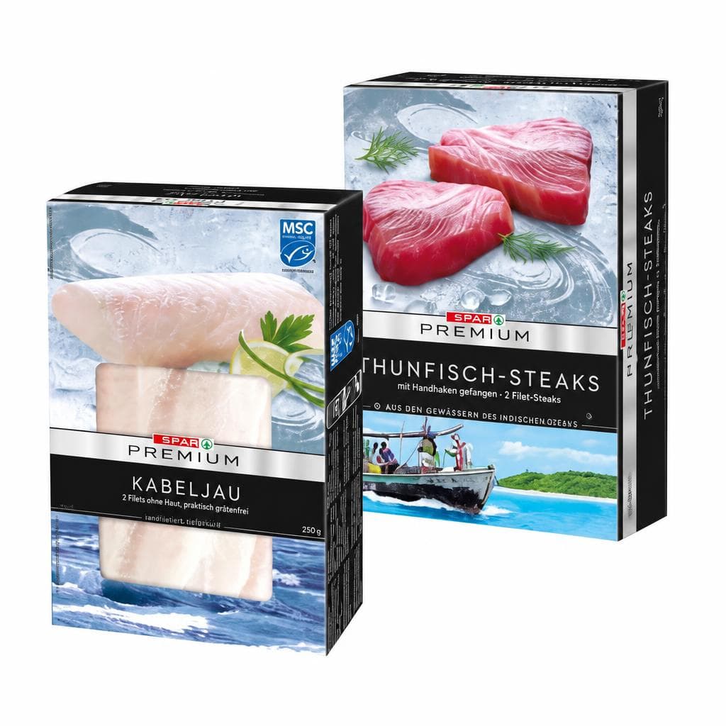 2 Kabeljau-Filets MSC oder 2 Thunfisch-Steaks, 200-220 g – Spar