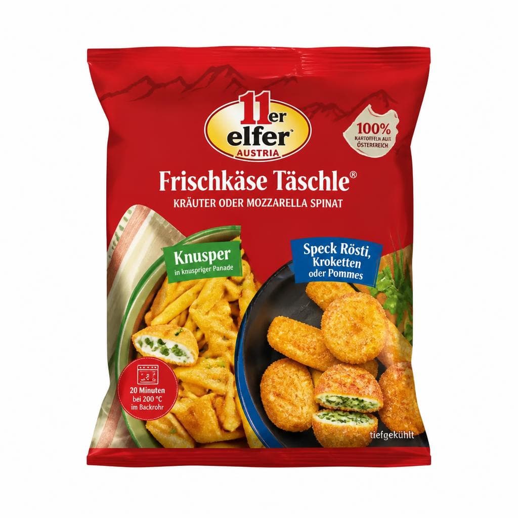 11er Frischkäse Kräuter oder Mozzarella Spinat Täschle, Knusper oder Speck Rösti, Kroketten, Pommes, 450-750 g – MPREIS