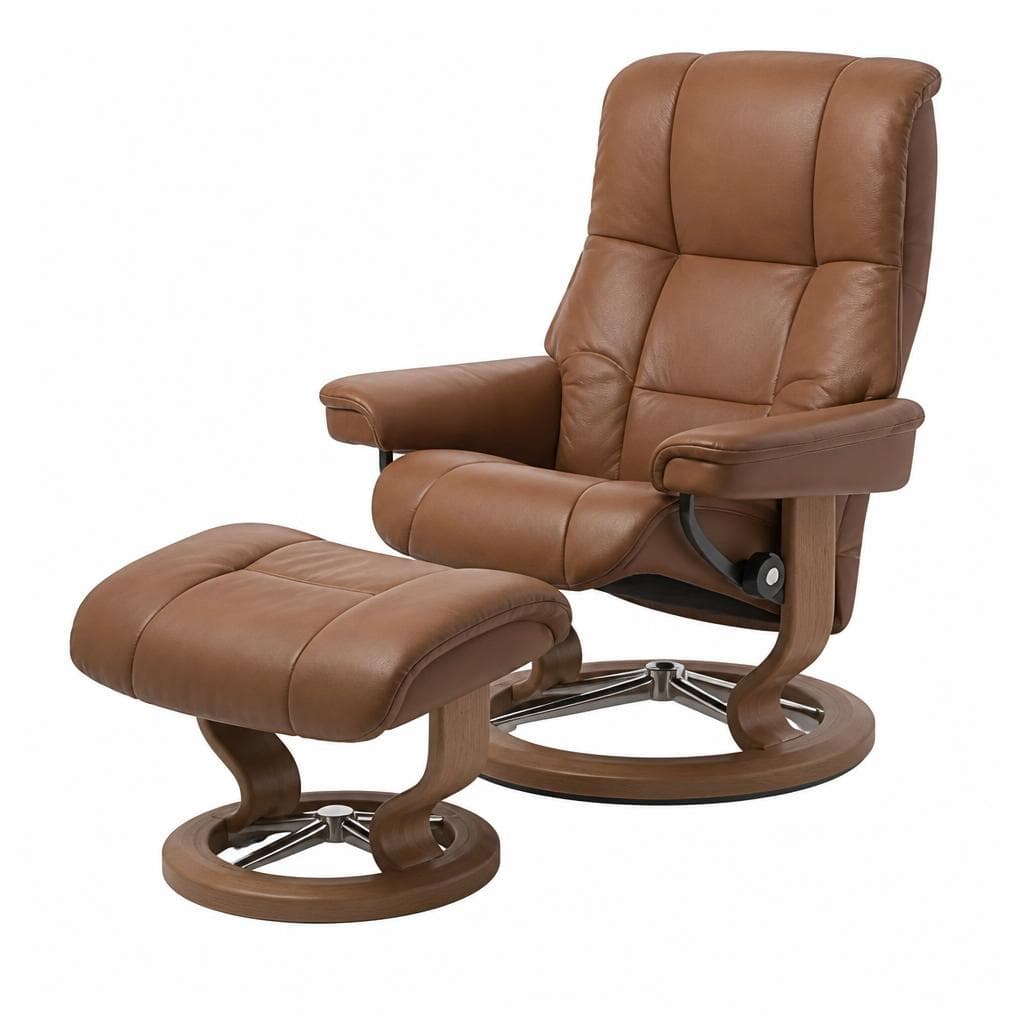 Stressless Mayfair (M) mit Signature Untergestell in Eiche/Alu inkl. Hocker in Leder „Velaro“ Dark Caramel – XXXLutz